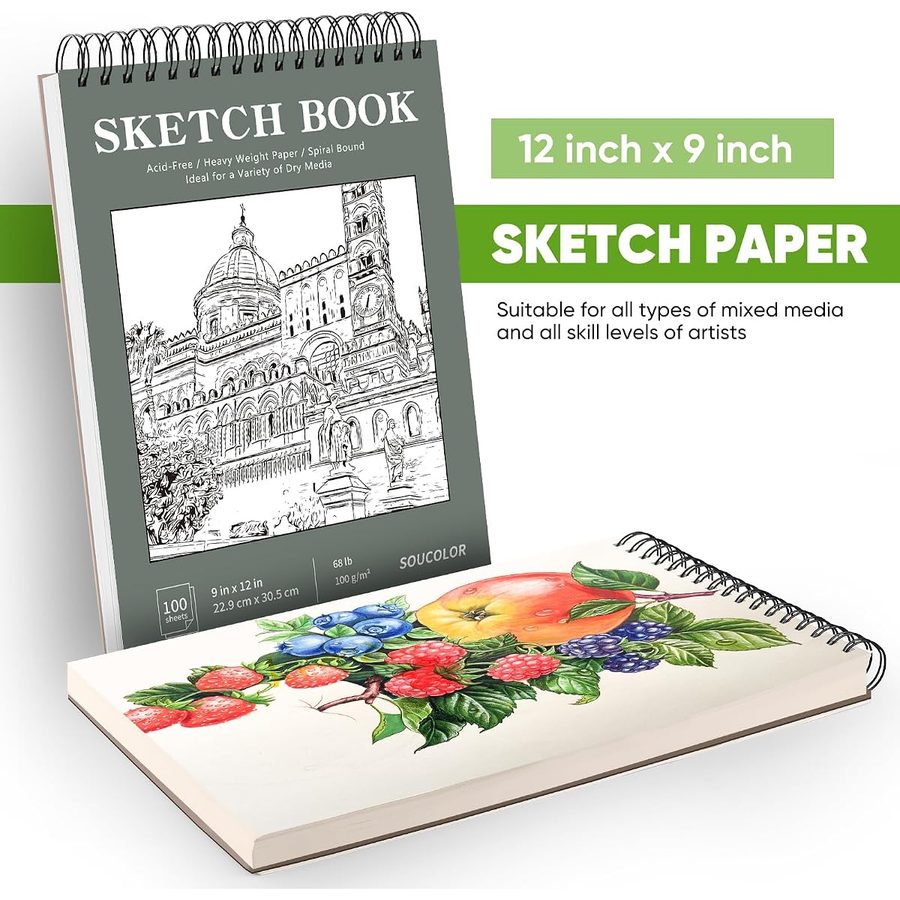 Soucolor 9x12 in Top Spiral Sketch Book, 100 Sheets, Green — view 5