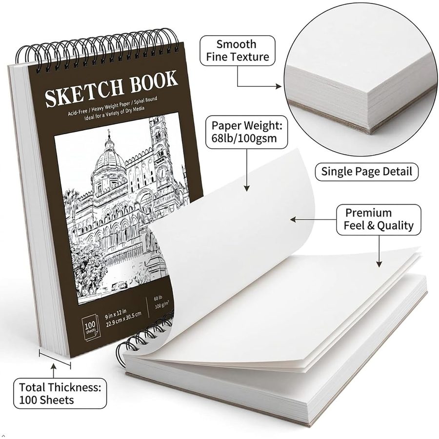Soucolor 9x12 in Top Spiral Sketch Pad, 100 Sheets, Brown Cover — view 4