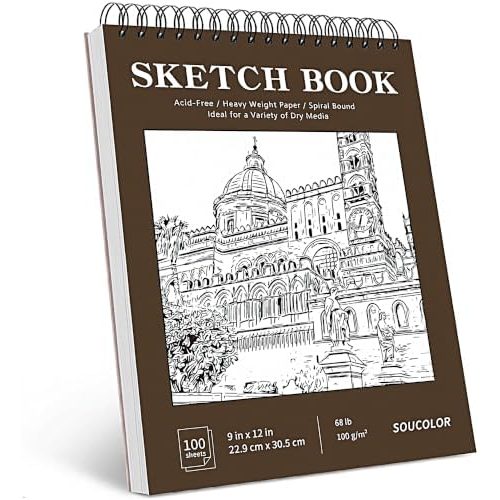 Soucolor 9x12 in Top Spiral Sketch Pad, 100 Sheets, Brown Cover