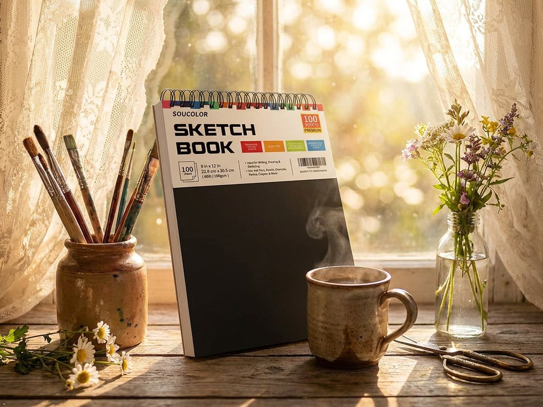 Soucolor sketch book on a sunny desk